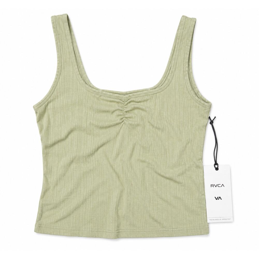 RVCA Slate Ribbed Cropped Tank Top Raw Hem Olive Green Shine Medium NWT